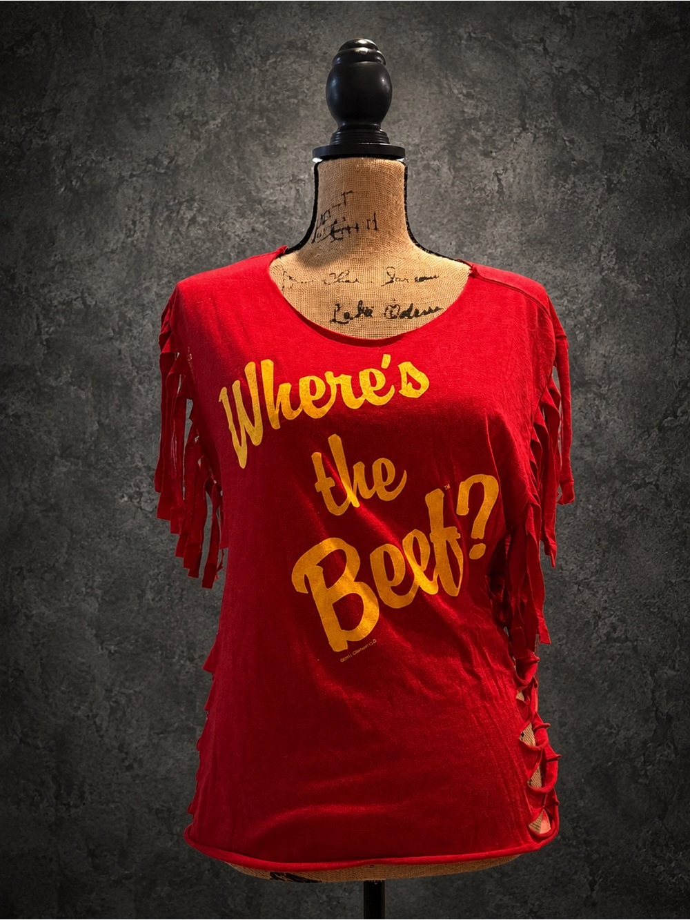 Red Fringe Graphic Tee - "Where's the Beef?"